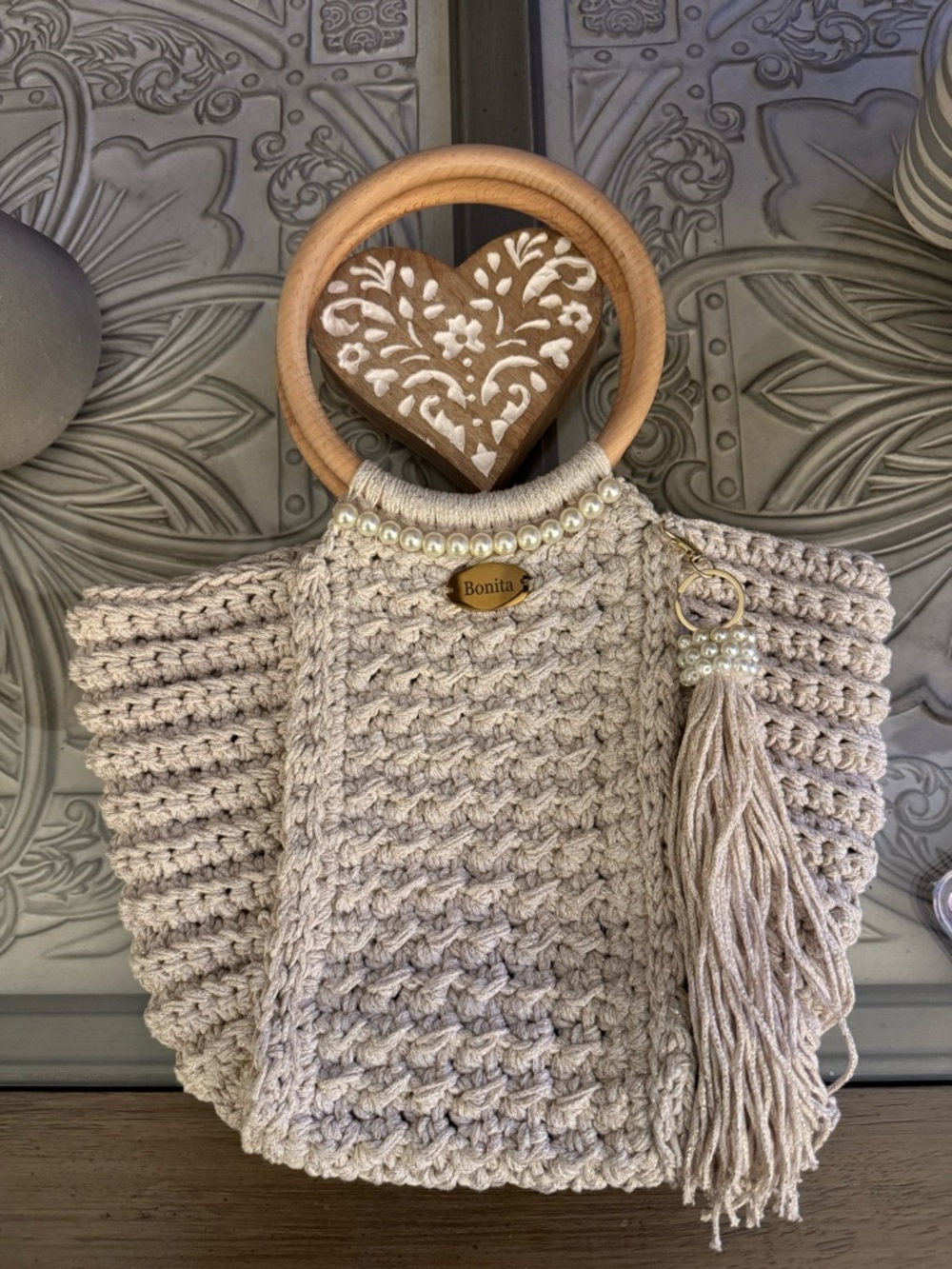 Bonita Bolso Macramé Handbag with Wooden Handles - Cream by Yvonne